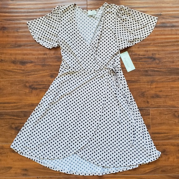 Four Leaf Dresses & Skirts - 3/$15 NWT! BEIGE BLACK POLKA DOT WRAP DRESS